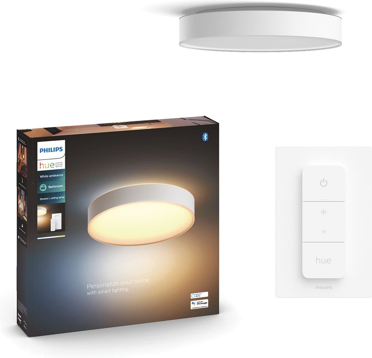 Philips Hue Devere badkamerplafondlamp - warm tot koelwit licht - wit - 38cm - 1 dimmer switch
