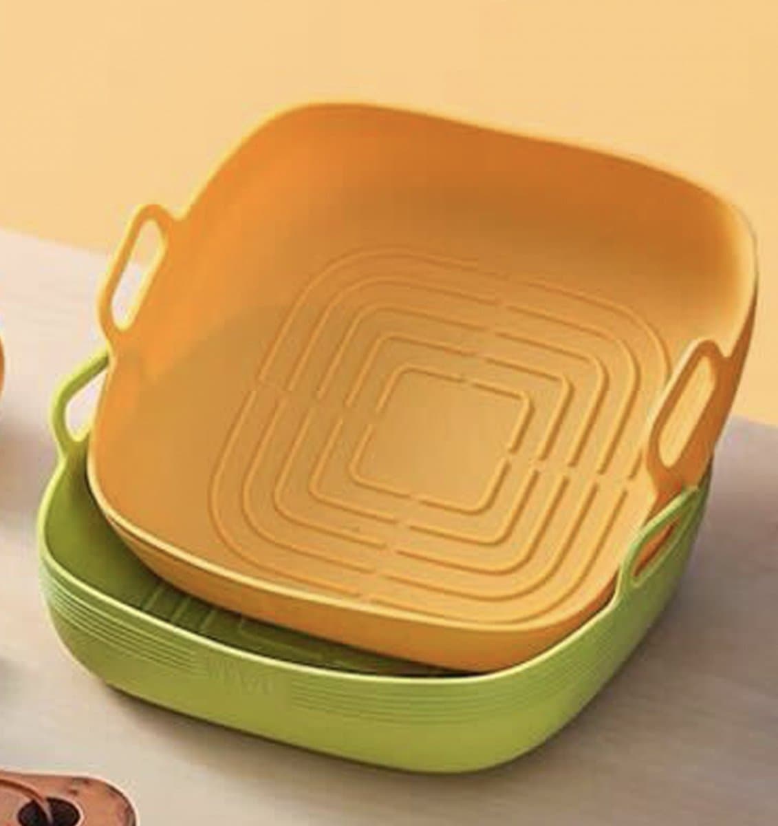 ZYLARO Siliconen Airfryer Bakjes - Airfryer Accesoires - 2 Stuks XL - Vierkant - Bakpapier Alternatief - 100% BPA Vrij - 20CM - Groen en Geel