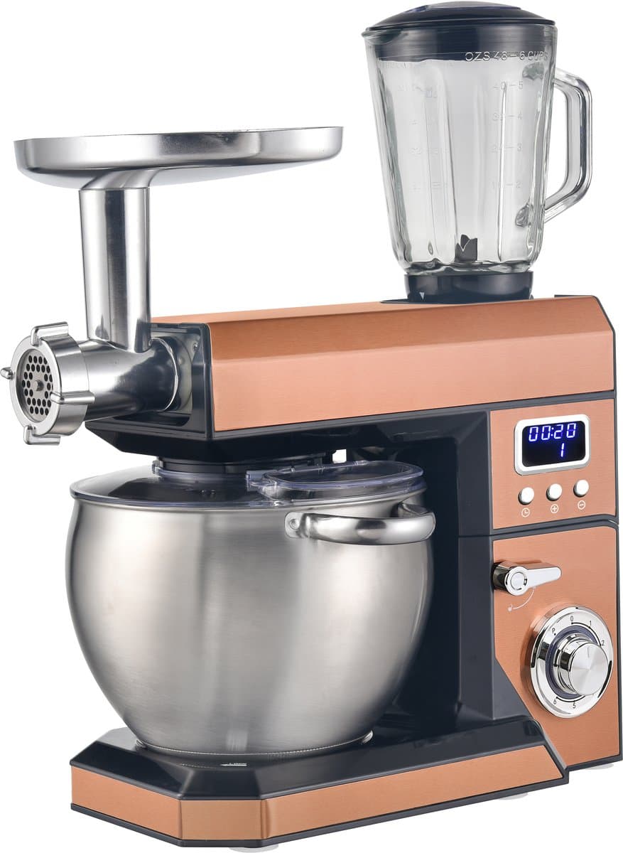 Swiss Haus® KM2285BG Keukenmachine - 1500W Keukenrobot – 8.5L RVS Mengkom – Met Blender 1.5L & Vleesmolen – Foodprocessor met Timer & LED Display – Koper