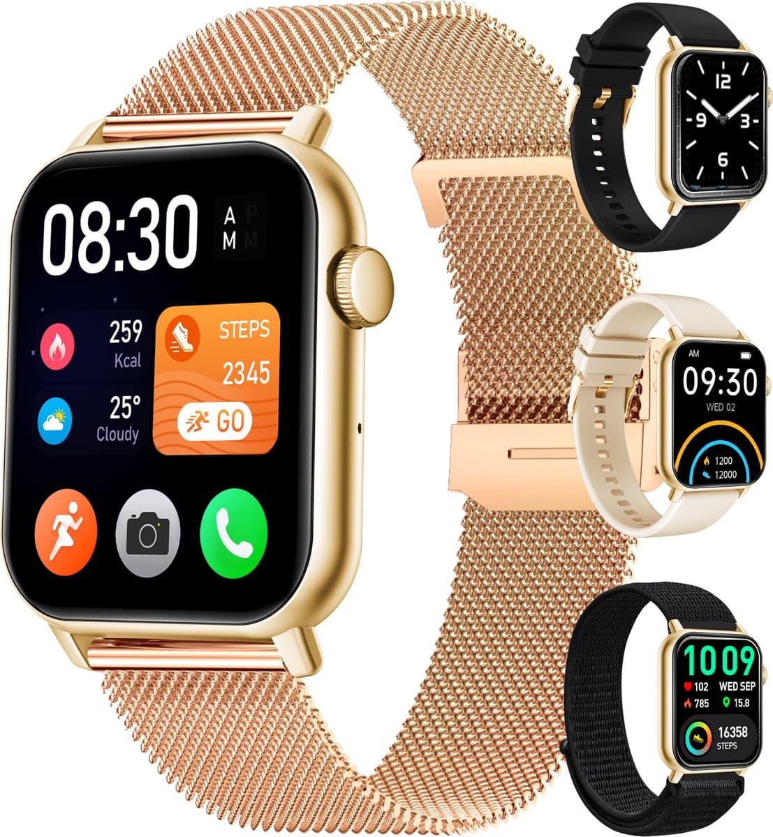 Siltcon® Smartwatch Dames Pro - Smartwatch Heren Pro - Sporthorloge Dames & Heren - Stappenteller Horloge - Hartslagmeter – Bloeddrukmeter - Slaapmonitor - Saturatiemeter - Belfunctie - Elke Smartphone - RVS - Incl. 4 Bandjes - Goud