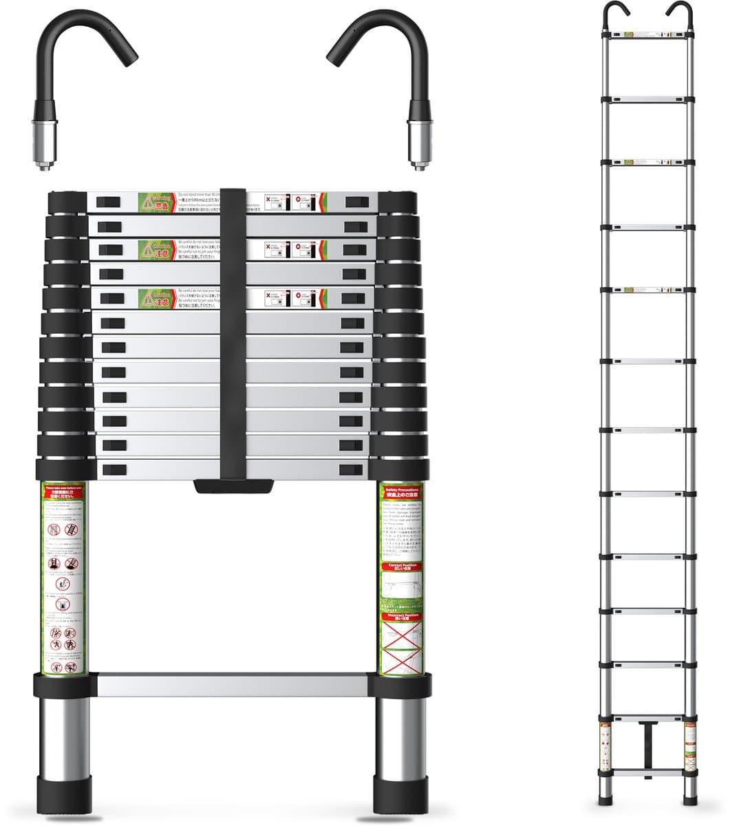 FelixKing aluminium telescopische ladder met stabiele haak, inklapbare ladder van 2,6 tot 5 meter met antislipvoetjes, lichtgewicht draagbare uitschuifladder voor huishoudelijk en buitengebruik, draagvermogen van 136 kg voor thuis, zolder en vliering