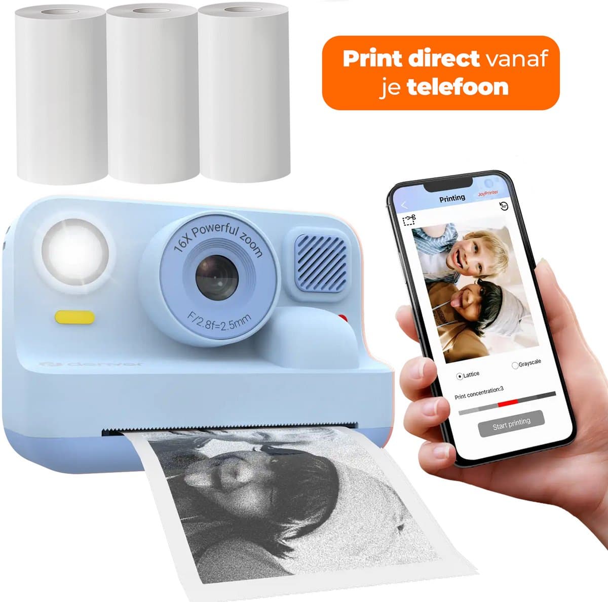 Denver Kindercamera Full HD met Printer - Selfie Camera - 48MP - Digitale Camera Kinderen - Bluetooth printer - Foto & Video - KPC1374BTBU - Blauw
