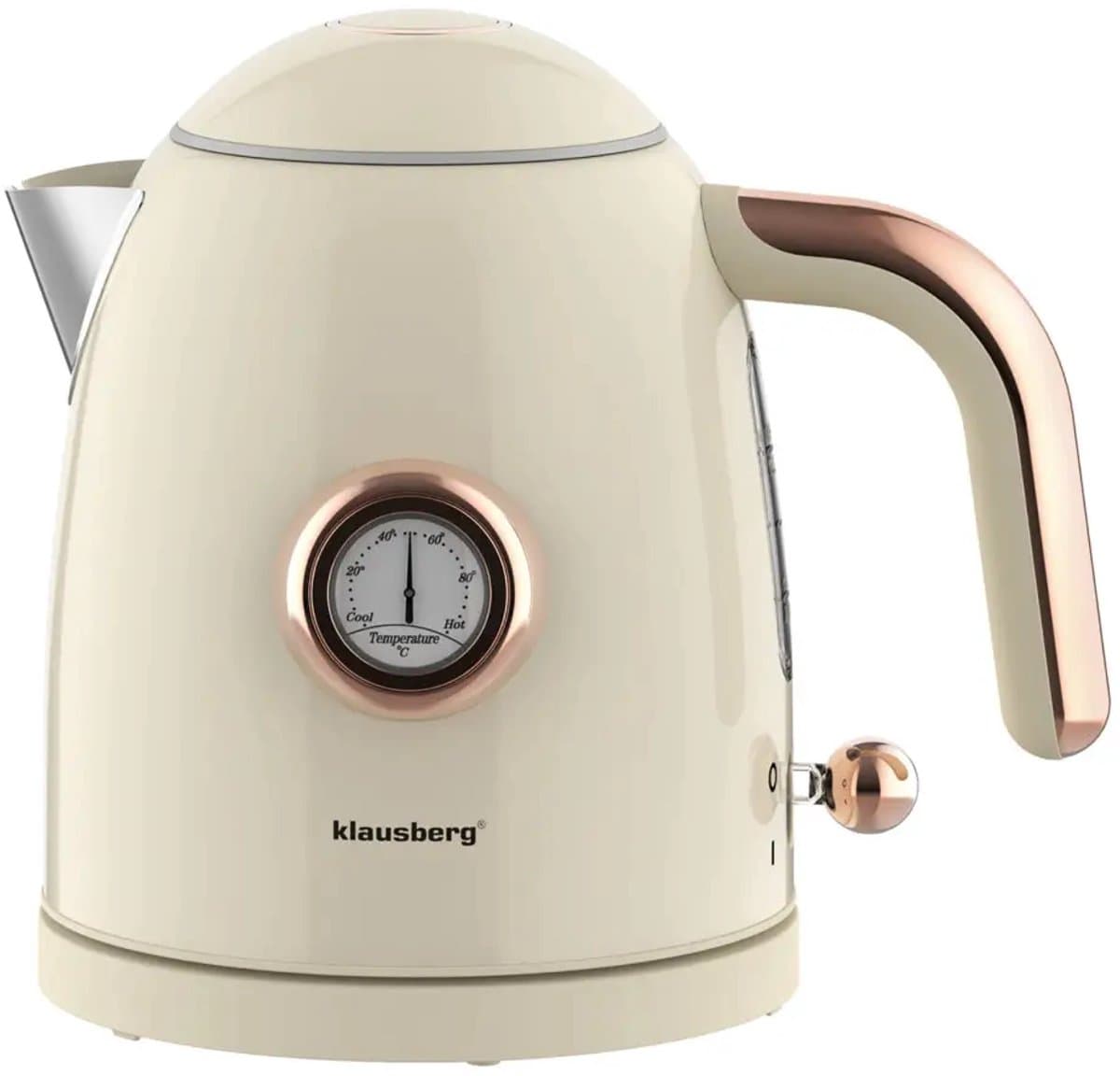 Klausberg - Waterkoker - Retro Waterkoker - Kleine Elektrische Waterkoker - Thee Waterkoker met Thermometer - Compacte Waterkoker Design - Keukenapparaat - 1L - 1200W - RVS - Crème