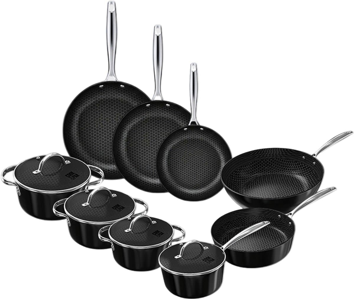 Cook & Pan Honey 9-Delige Pannenset Zwart - PFAS vrij - Geschikt voor Inductie - Pannen Set met 7 jaar Garantie - Krasbestendige Anti Aanbaklaag - Vaatwasserbestendig - Koekenpan, Wokpan, Steelpan, Hapjespan, Kookpot