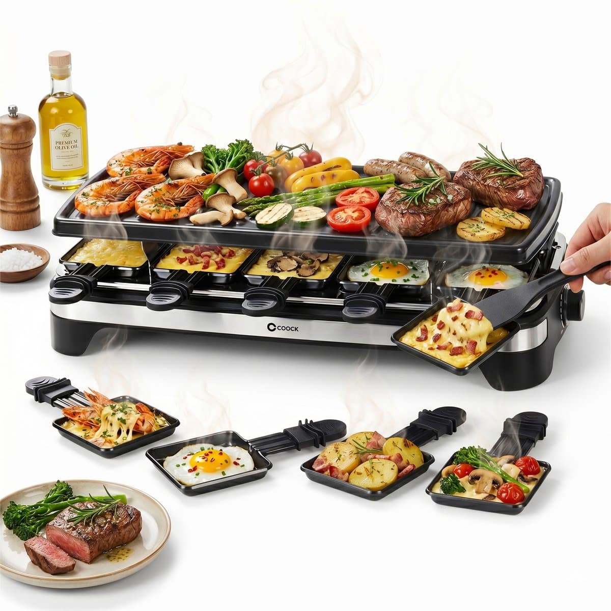 Coock Gourmetstel 10 Personen - Raclette Set XL met Grillplaat - 1500W - Regelbare Thermostaat - Anti-aanbaklaag - RVS/Zwart