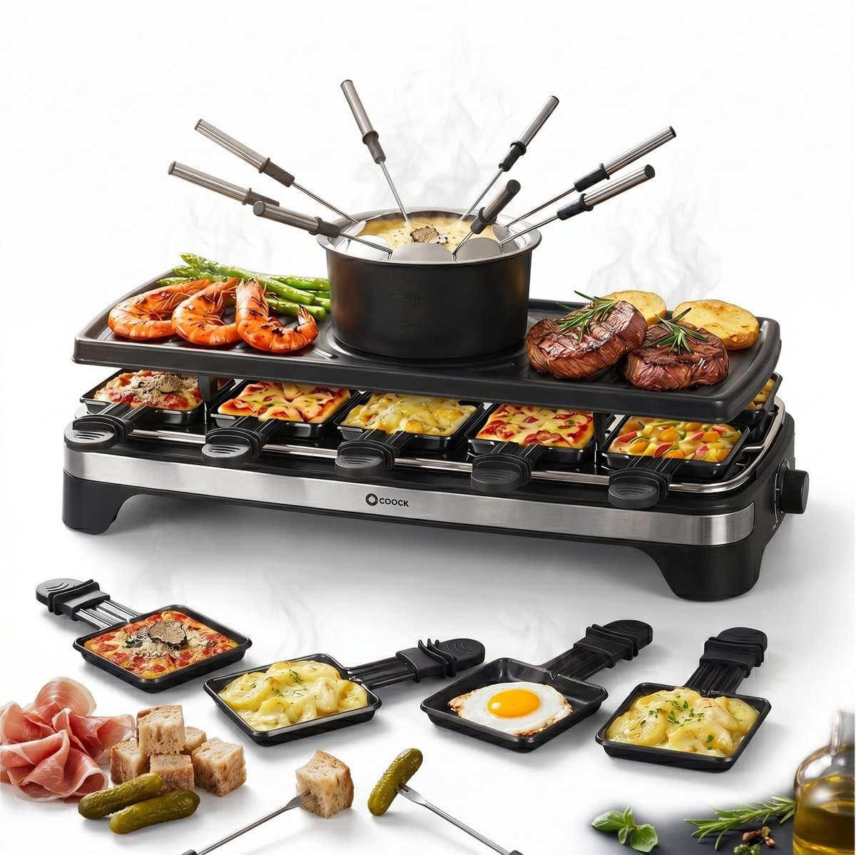 Coock Gourmetstel en Fondue Set 2-in-1 - Raclette voor 8-10 Personen - Inclusief 8 Fonduevorkjes & 10 Pannetjes - 1500W - XL Bakplaat - RVS