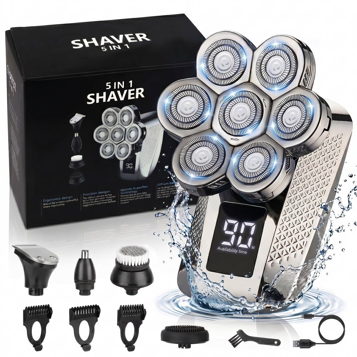 Fokelyi 5-in-1 Scheerapparaat Mannen - Head Shaver - Hoofd Kaal - Elektrisch - Nat & Droog - Trimmer - Tondeuse - IPX6 - LED Display - 7 koppen