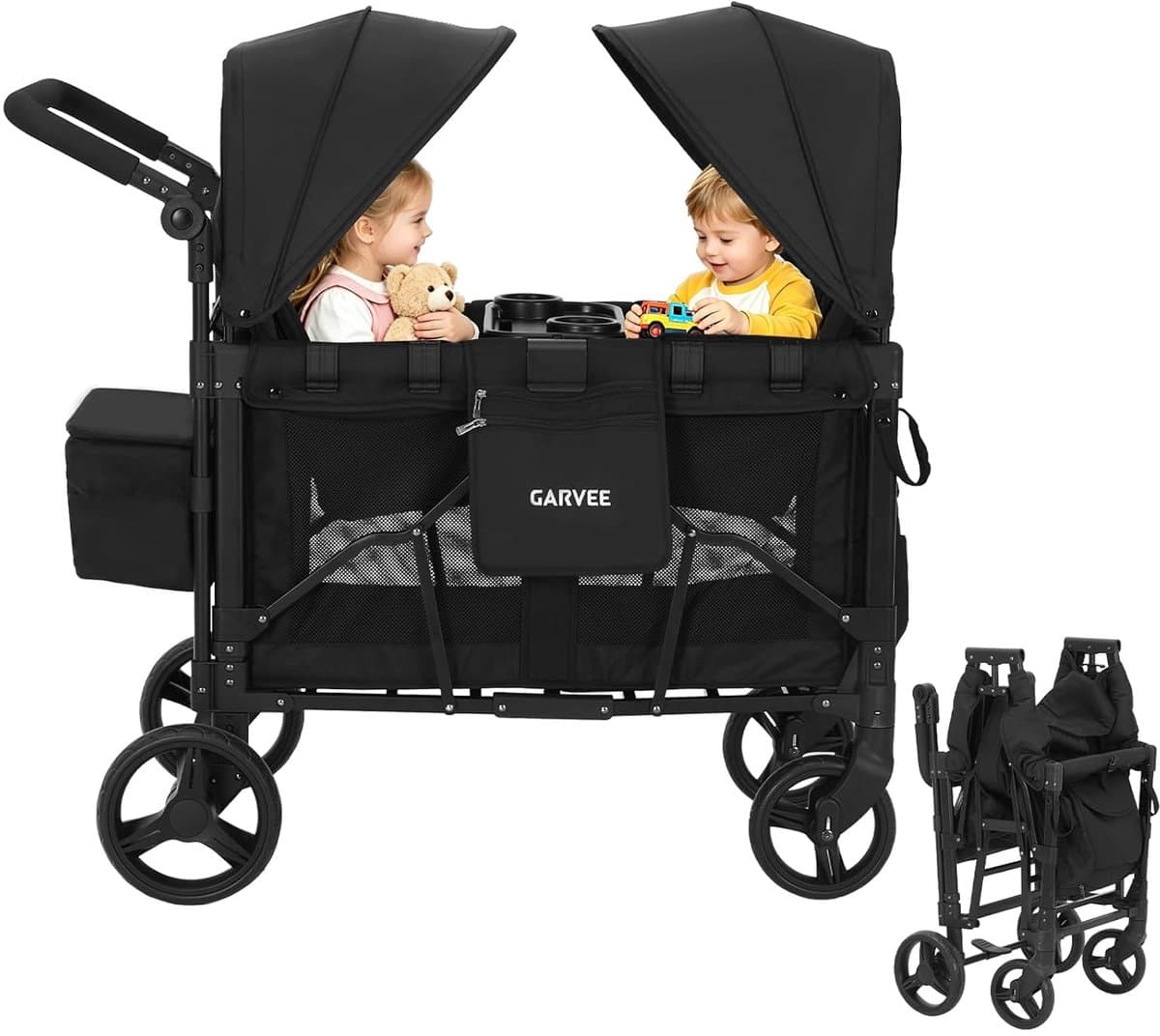 Opvouwbare Bolderkar voor 2 Kinderen met Dubbel Dak en 5-Puntsgordel - Wandelwagen met Afneembaar Dienblad & Opbergtas - Tot 60 kg - Schokdempende Wielen