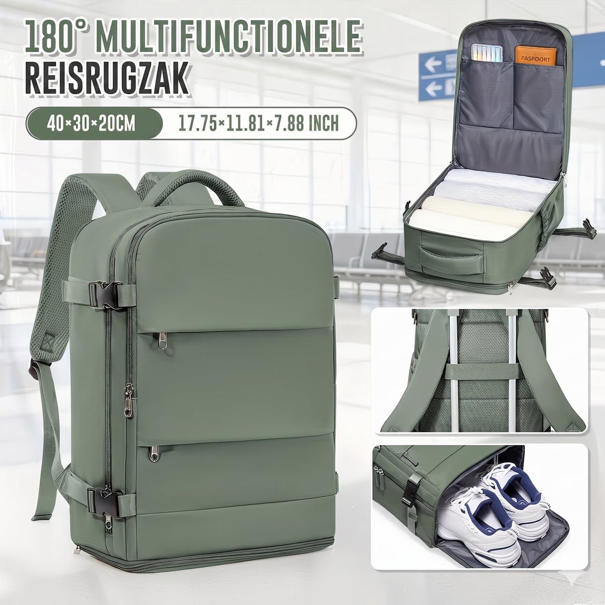 Reisrugzak Handbagage 40x30x20 cm – Ryanair & Wizz Air Geschikt – Laptop Rugzak 14 inch met Schoenenvak – Waterproof Travel Backpack voor Heren & Dames groen