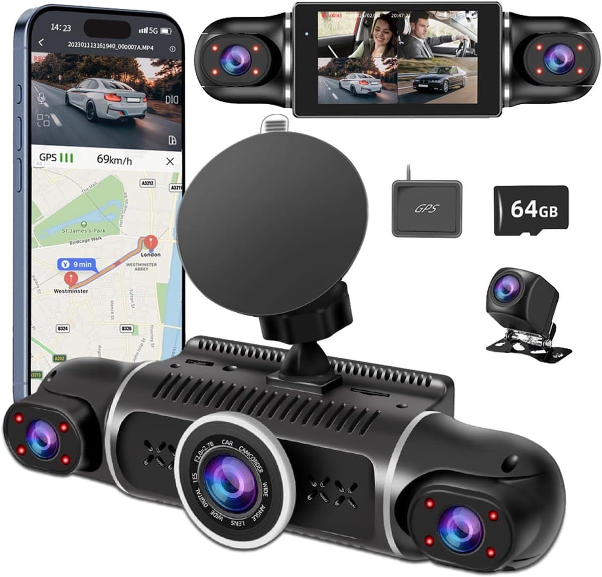 Dashcam - Dashcam voor auto - Dashcam voor auto voor en achter - 360° - 8 IR-lampen Nachtzicht - WiFi, GPS, G-sensor - 24/7 Parkeermodus