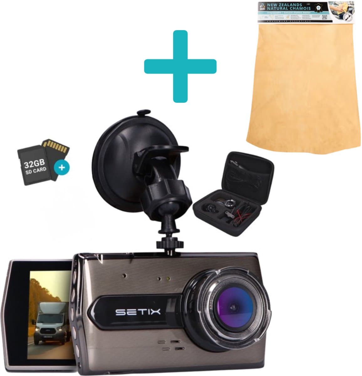 Setix Dashcam Go met Natuurzeem - Voor en Achter Camera – Inclusief 32GB SD kaart - Full HD 1080P Resolutie – Met Opbergcase tegen Diefstal - Nachtzicht – Plug & Play - Parkeermodus - 170 Graden Kijkhoek – Loop Recording – 2025 Auto Camera