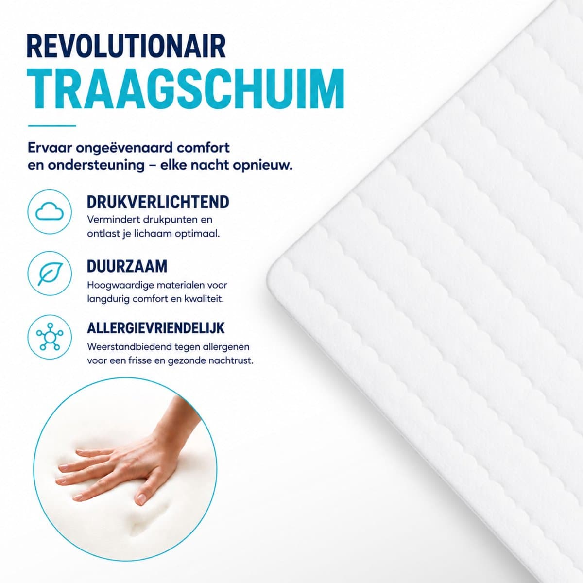 Traagschuim Pocketvering Matras 160x200 cm 24cm hoog - Luxe Matrashoes met rits - Wasbaar matrassen