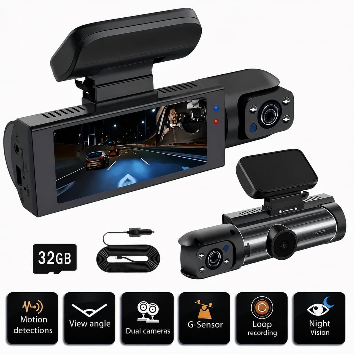 Dashcam Auto Full HD 1080P – Dual Lens Voor & Binnen | IR Nachtzicht, Loop Recording, 3 Inch IPS Scherm incl. SD-Kaart
