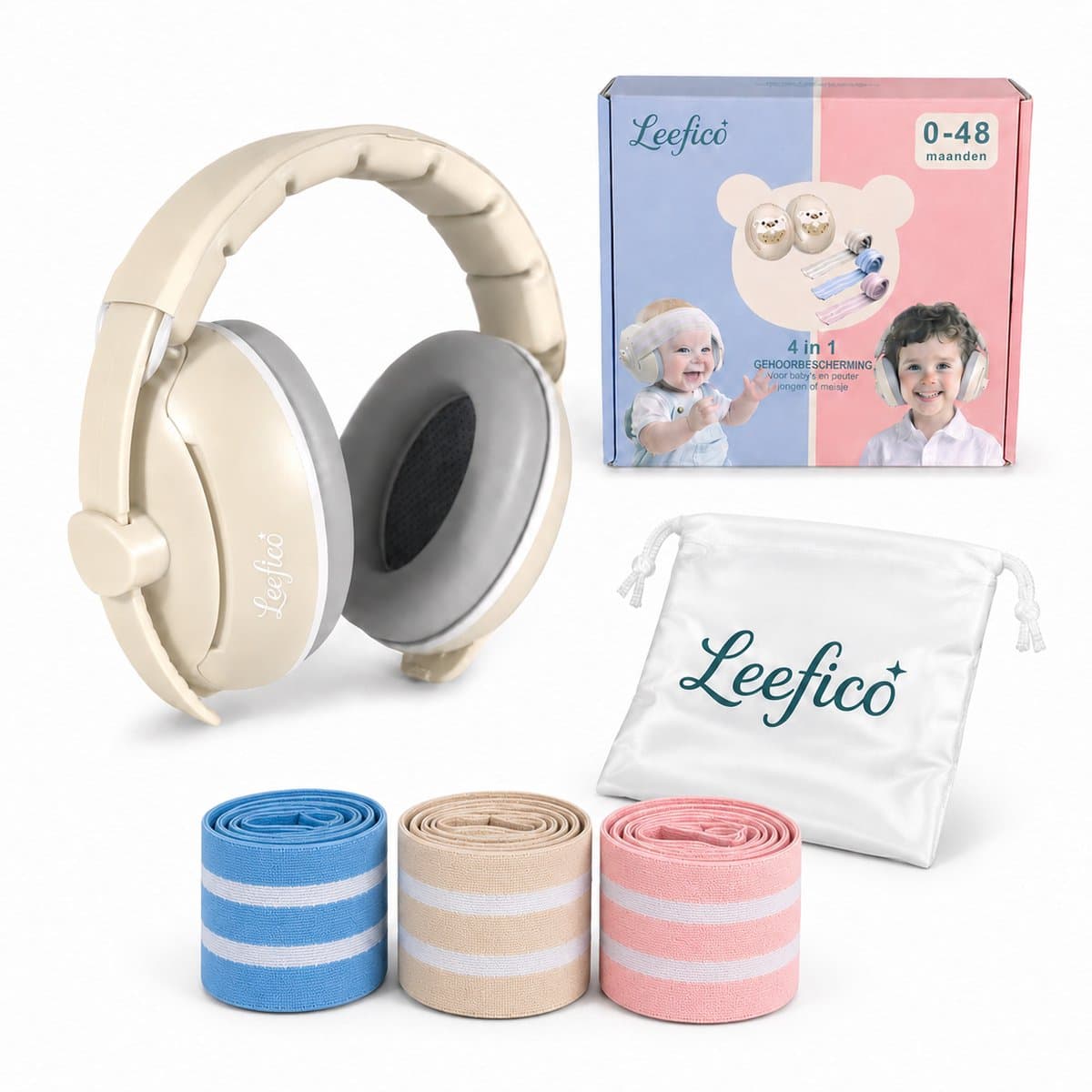 Leefico Baby Koptelefoon Gehoorbescherming – 4-in-1 Set met 3 Verwisselbare Hoofdbanden – Oorbeschermers Kind – Tot 25 dB – Voor Baby, Peuter & Kinderen