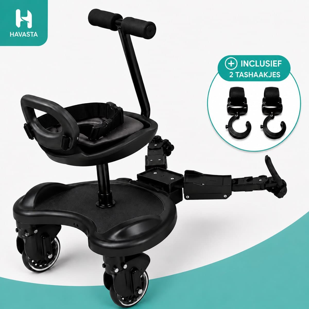 Havasta Universeel Meerijdplankje incl. 2 Gratis Tashaakjes – Geschikt voor Kinderwagen & Buggy – Meerijdplank met Zitje en Handgreep – Verstelbaar Wandelwagen Plankje