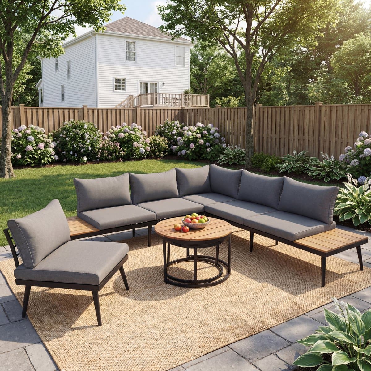 6-delige Tuinset met verzinkt ijzeren frame, eetgarnituur voor 5-6 personen, 2 banken, 2 stoelen, 2 tafels