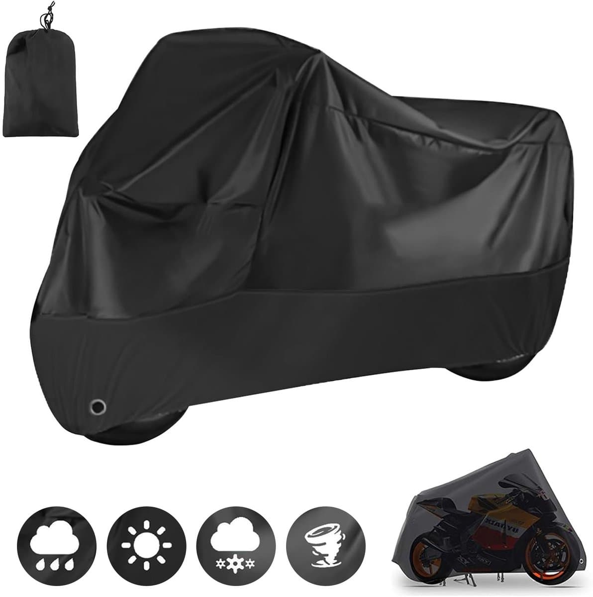 Motorhoes Waterdicht 245 x 105 x 125 cm – Universele Motorfiets Hoes met Opbergtas, UV-Bestendig, Winddicht, Stofdicht en Regenbestendig – Zwart