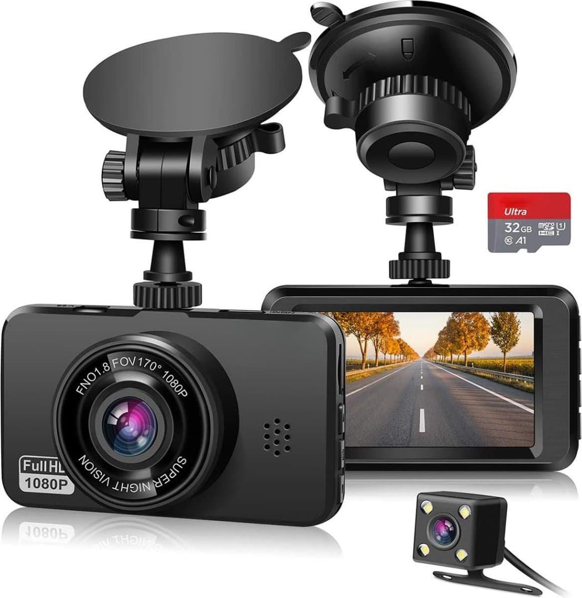 DD Dashcam voor Auto voor en Achter - Achter Draadloos - Full HD Gps - 4x9x6cm - Zwart