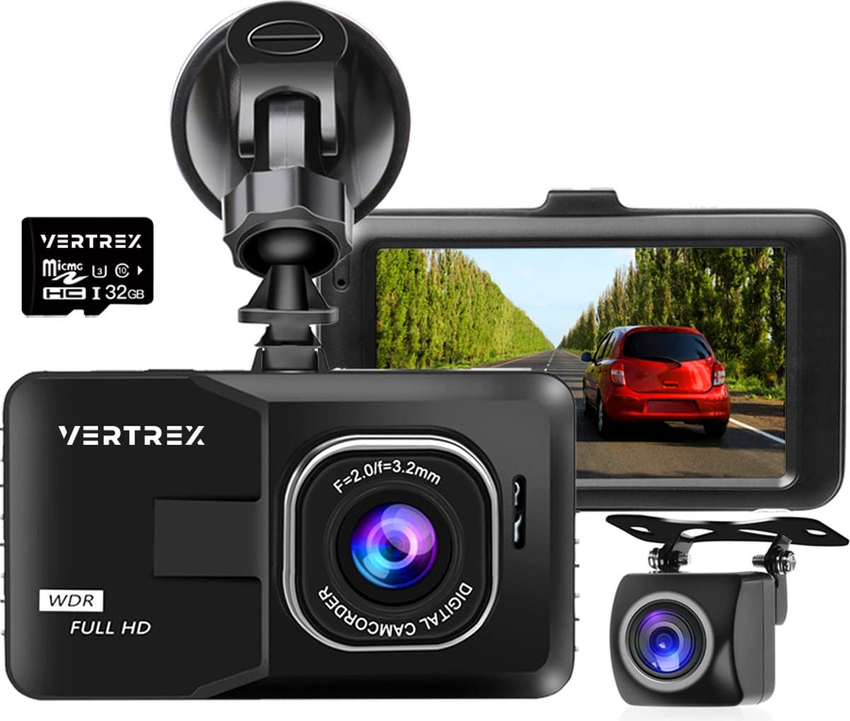 VERTREX Dashcam voor Auto 1080P Full HD - Voor en Achter - Dash cams - Nachtvisie - G-Sensor - 170° Wijdhoeklens - 3,0" LCD - Bewegingsdetectie - Loop Recording - Incl. 32GB MicroSD Kaart