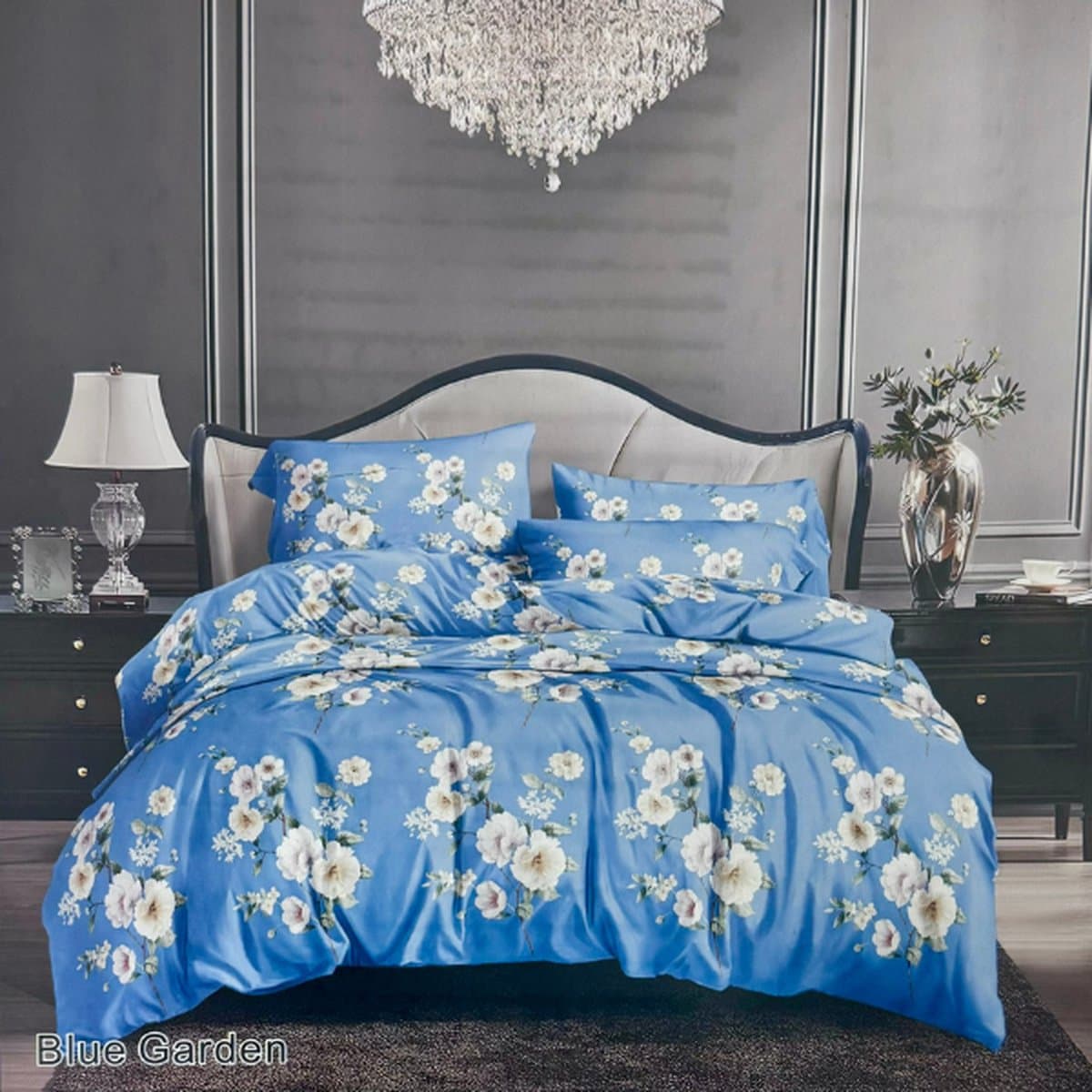Bloemen dekbedovertrek - eenpersoons met 1 kussensloop en 1 hoeslaken 90 x 190 cm. - blauw met wit bloem dekbed - microvezel