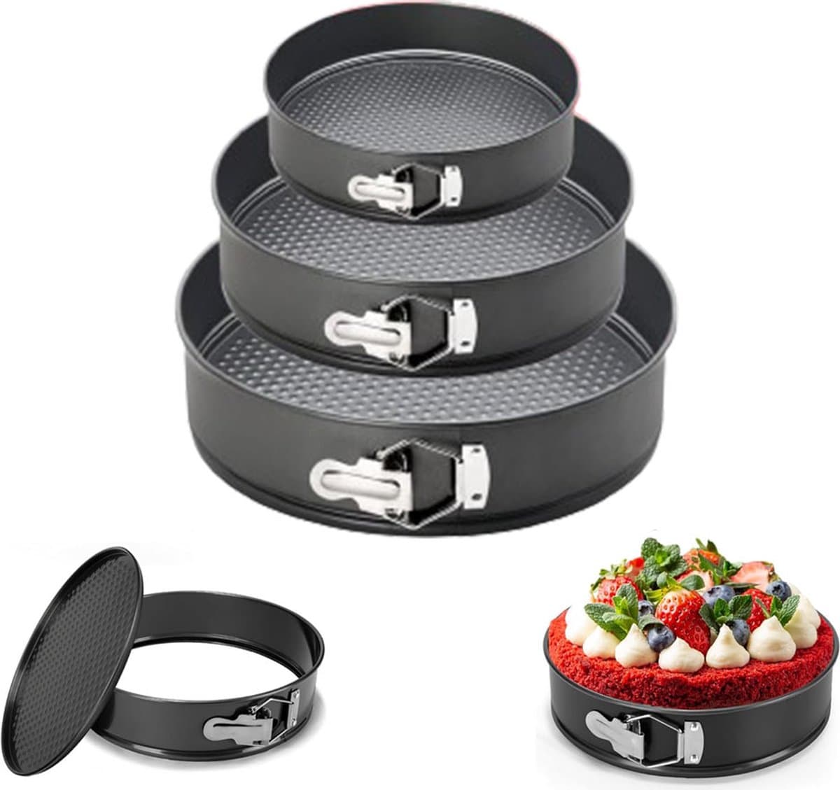 3-Delig Ronde Springvorm Set - Bakblik Rond - Taartvorm - Bakvorm Met Anti Aanbaklaag - 20, 22 En 24cm - Afneembaar Onderstel - Bak Gelijkmatig - Bakset - Cakevorm - Vaatwasmachinebestendig - Metaal - Zwart