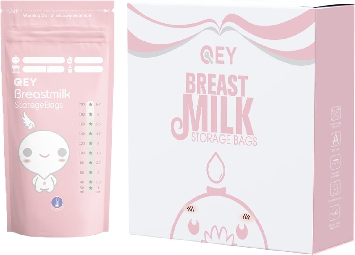 QEY® 120 Stuks Moedermelk Bewaarzakjes – Lekvrij, BPA-vrij & Steriel – Stevig & Plat Ontwerp – Handig Schrijfvlak – Bewaarzakjes voor Borstvoeding – Geschikt voor Vriezer & Koelkast - Roze