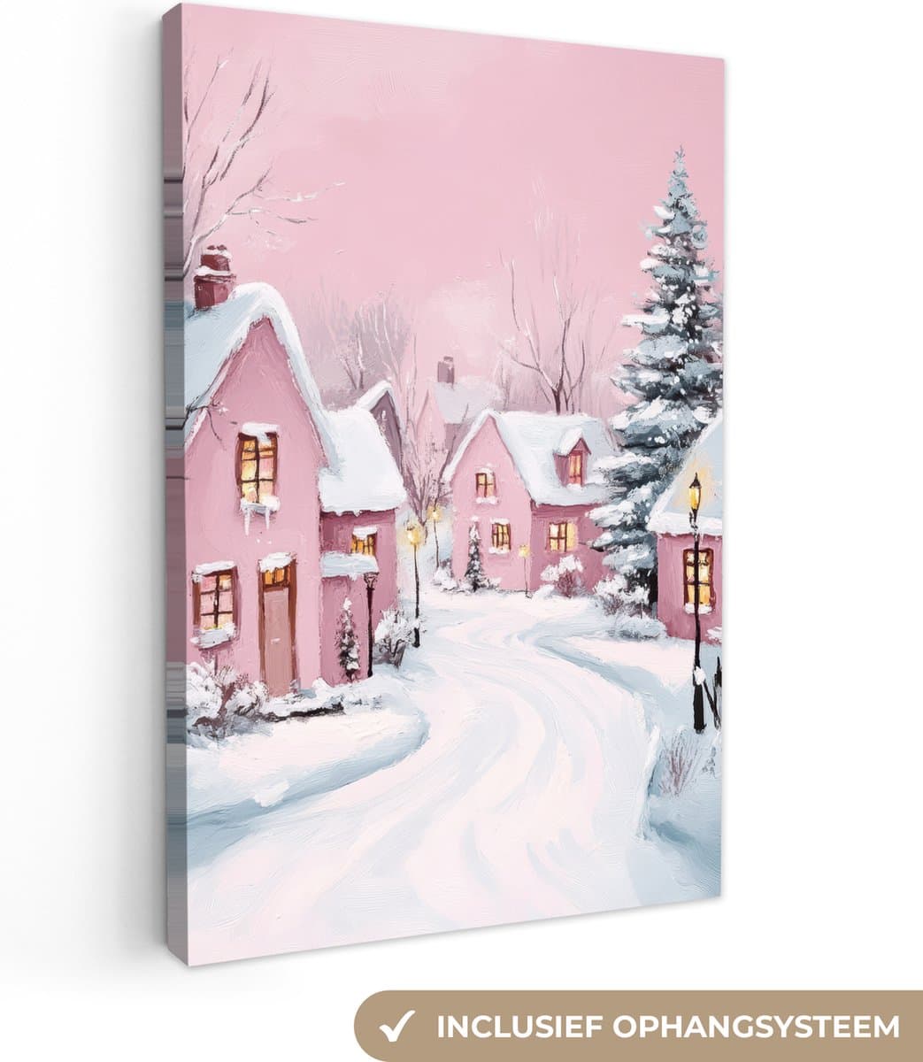 Canvas schilderij 80x120 cm - Wanddecoratie Kerstdorp - Roze - Winter - Sneeuw - Huizen - Muurdecoratie woonkamer - Slaapkamer decoratie - Kamer accessoires - Schilderijen op canvas - Kerstdecoratie voor binnen - Kerstversiering - Kerstmis versiering