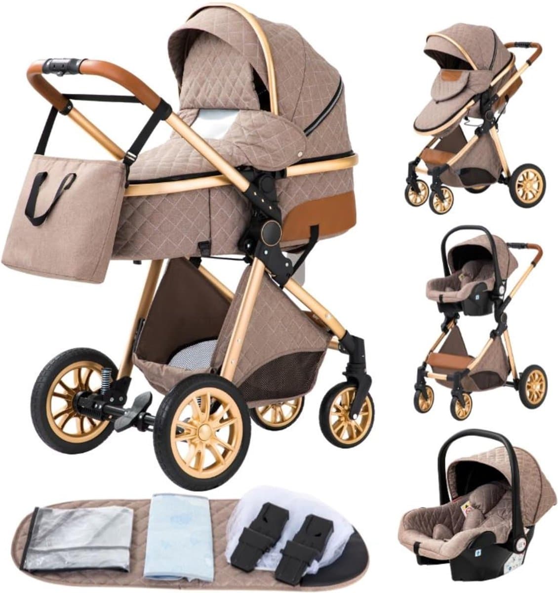 Luxe multi-functionele 3 in 1 kinderwagen - Kwalitatieve buggy - Opklapbare wandelwagen - Khaki