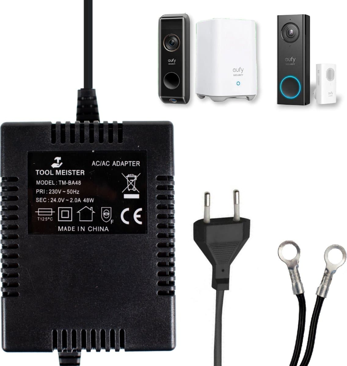 Tool Meister BA48 - 24V/2A AC/AC Adapter voor Eufy Smart Deurbel - 48VA (48W) Universele Beltransformator - Beltrafo - Transformator - Op Maat voor Eufy - 5 Meter Kabel-