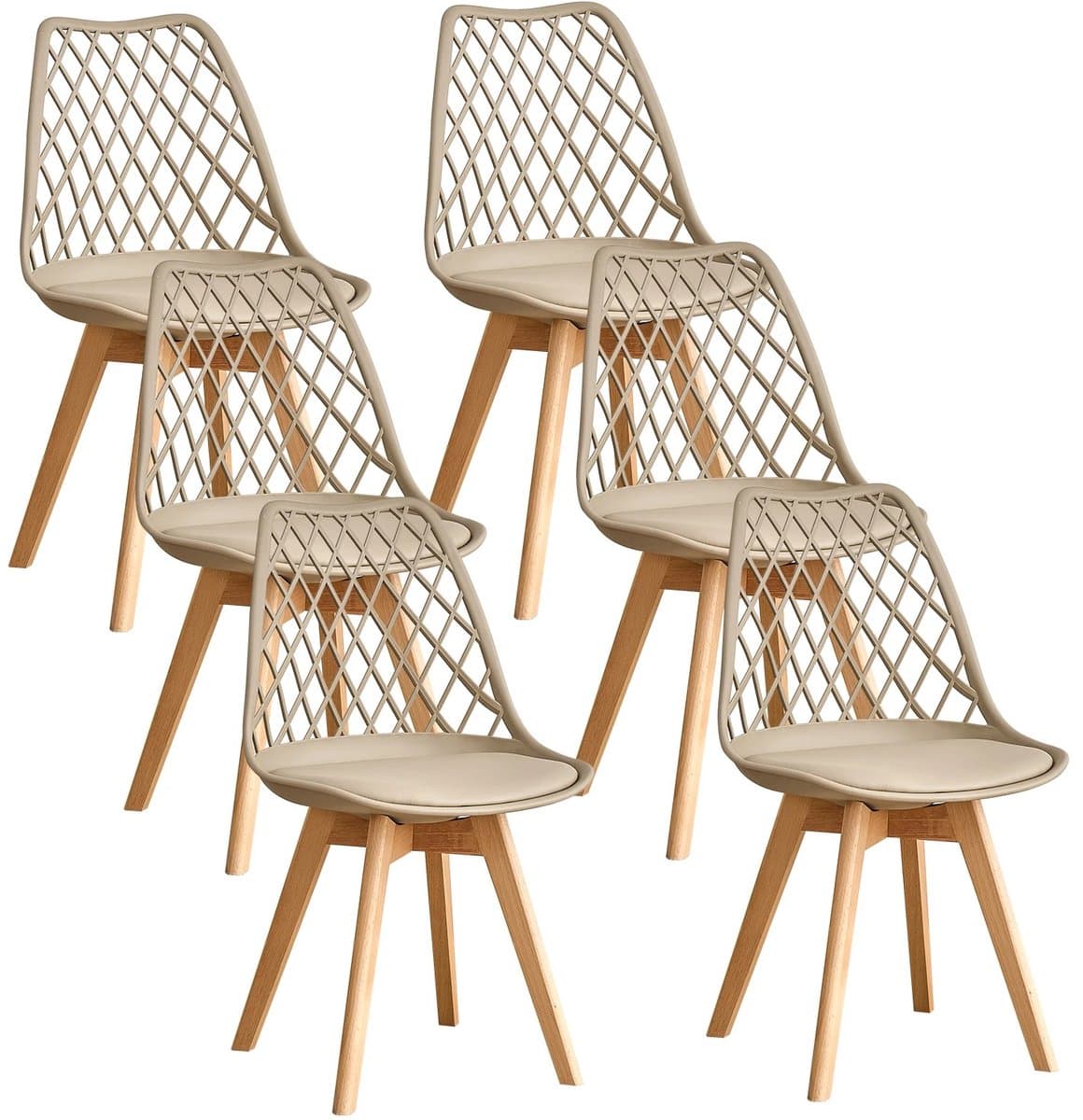 NaevaMi Eetkamerstoelen - Eetkamerstoelen Set van 6 - Eetkamerstoelen met Houten Poten - Modern en Minimalistisch - Pu Gewatteerde Zitting - Beukenhout Benen - Nordic Stoel Voor Keuken Woonkamer/Eetkamer - Khaki