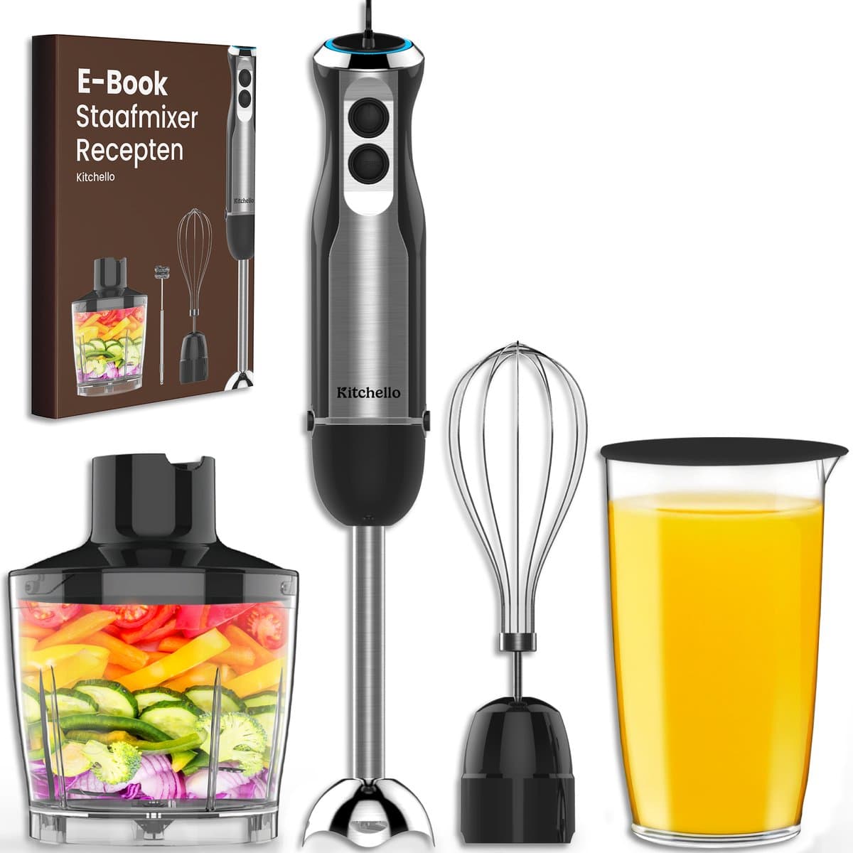Kitchello - Staafmixer - 5-in-1 - Staafmixer Set - Met Hakmolen, Garde, Maatbeker - 1000 Watt - Met Accessoires - Soepmaker - Handmixer - Blender - 21 Snelheden - Turbo Functie - Zwart - RVS - Incl. Ebook
