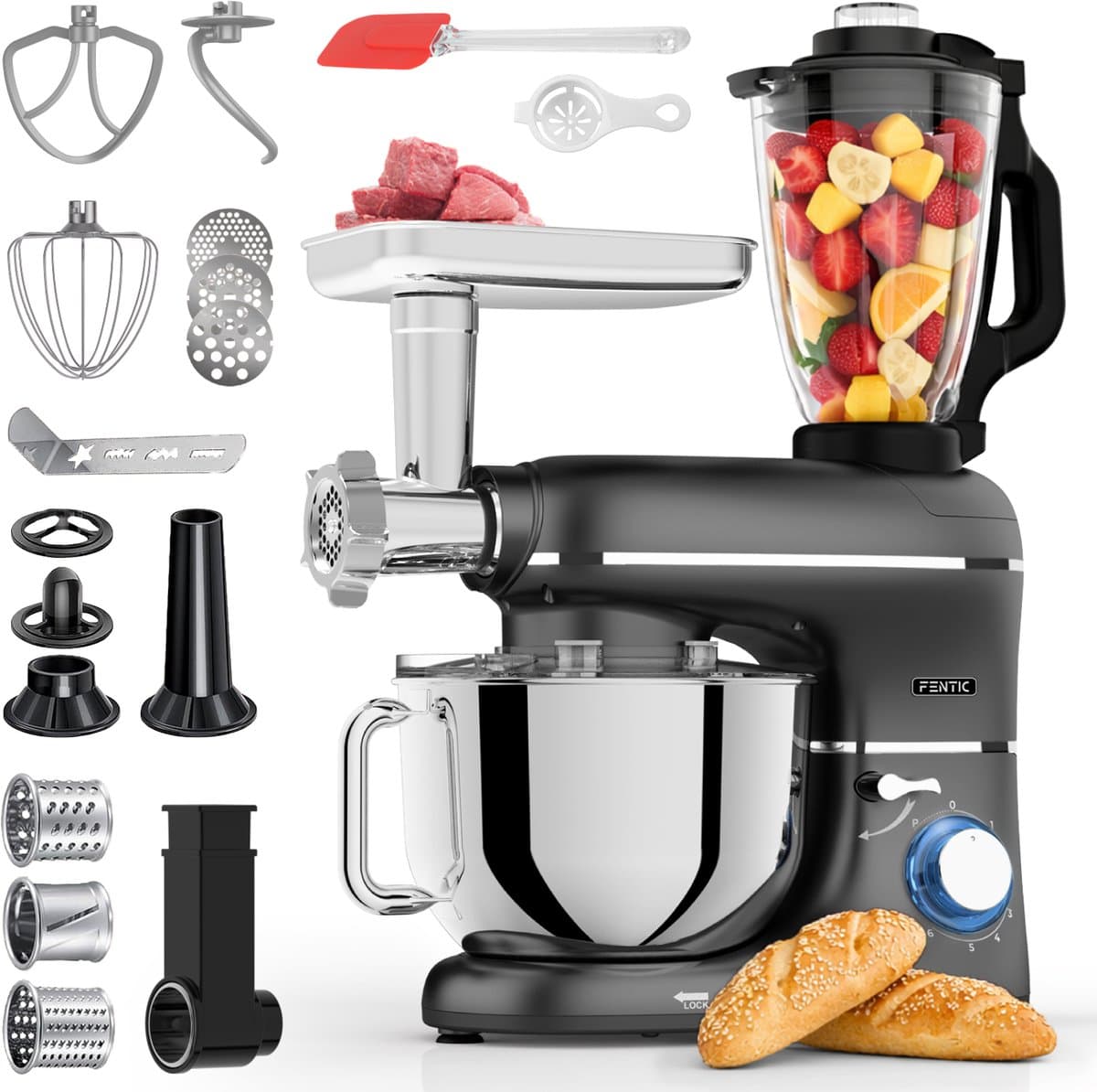 Fentic Keukenmachine – 2000W – Keukenrobot – Foodprocessor - 6,2L Mengkom – Incl. Vleesmolen, Blender en extra Accessoires – Zwart