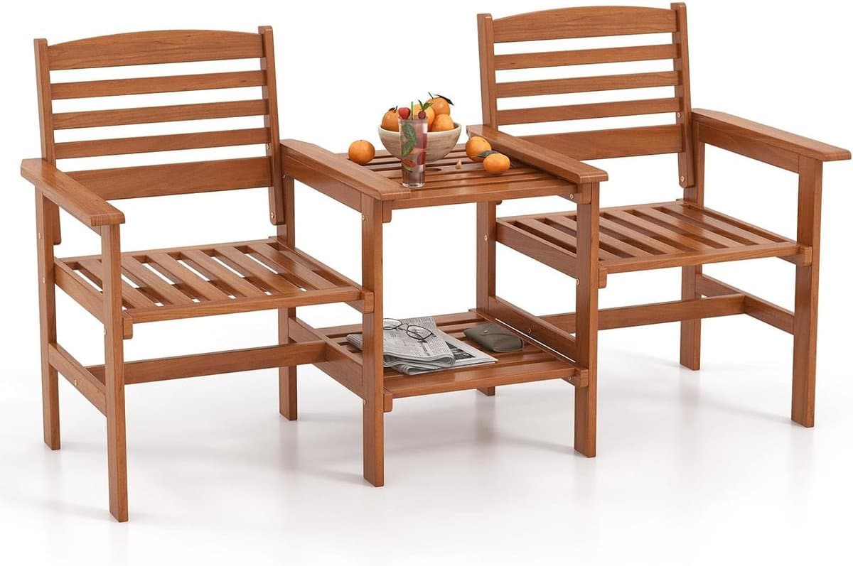 KOMFOTTEU tuinset voor 2 personen - tuinmeubelset hardhout - zitbank met bijzettafel en paraplugat - Tuinbank outdoor - bistroset voor balkon, tuin - 159,5 x 61,5 x 88 cm