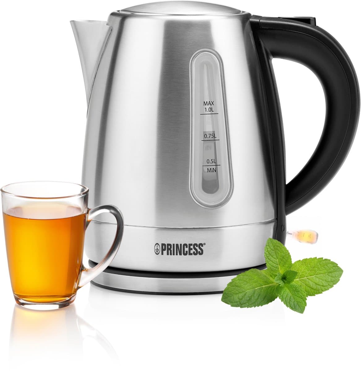Princess Waterkoker 236023 – 1 Liter – 360° draaibaar - 2200W – Waterniveau indicator - Kalkfilter - RVS