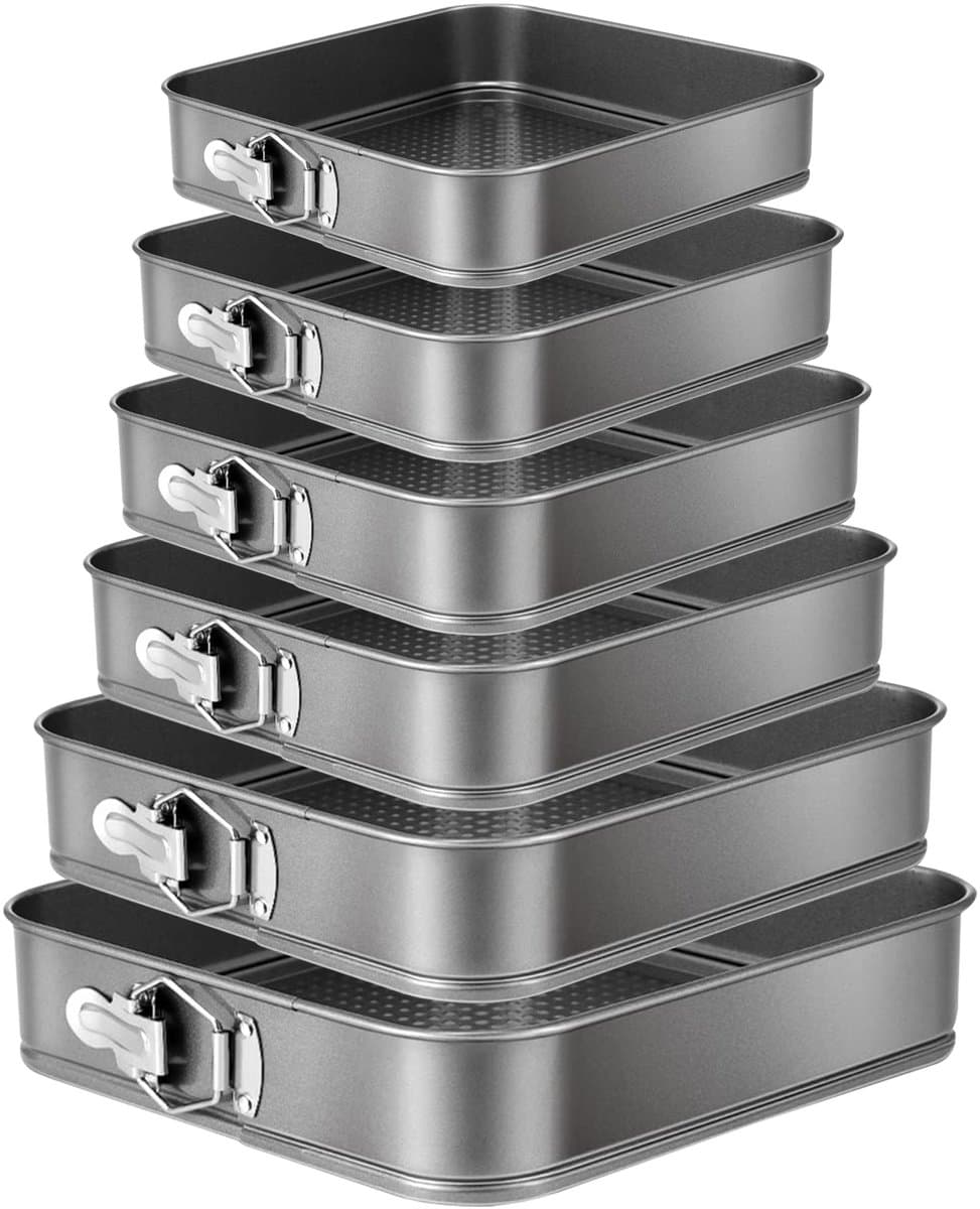 Vierkante bakvormen - 6 Delige Set - Taartvormen - Springvorm Set - Non-stick Coating - 18 t/m 28 cm - Losse Bodem - Stapelbaar - Voor Cake, Taart, Brownie - Zwart