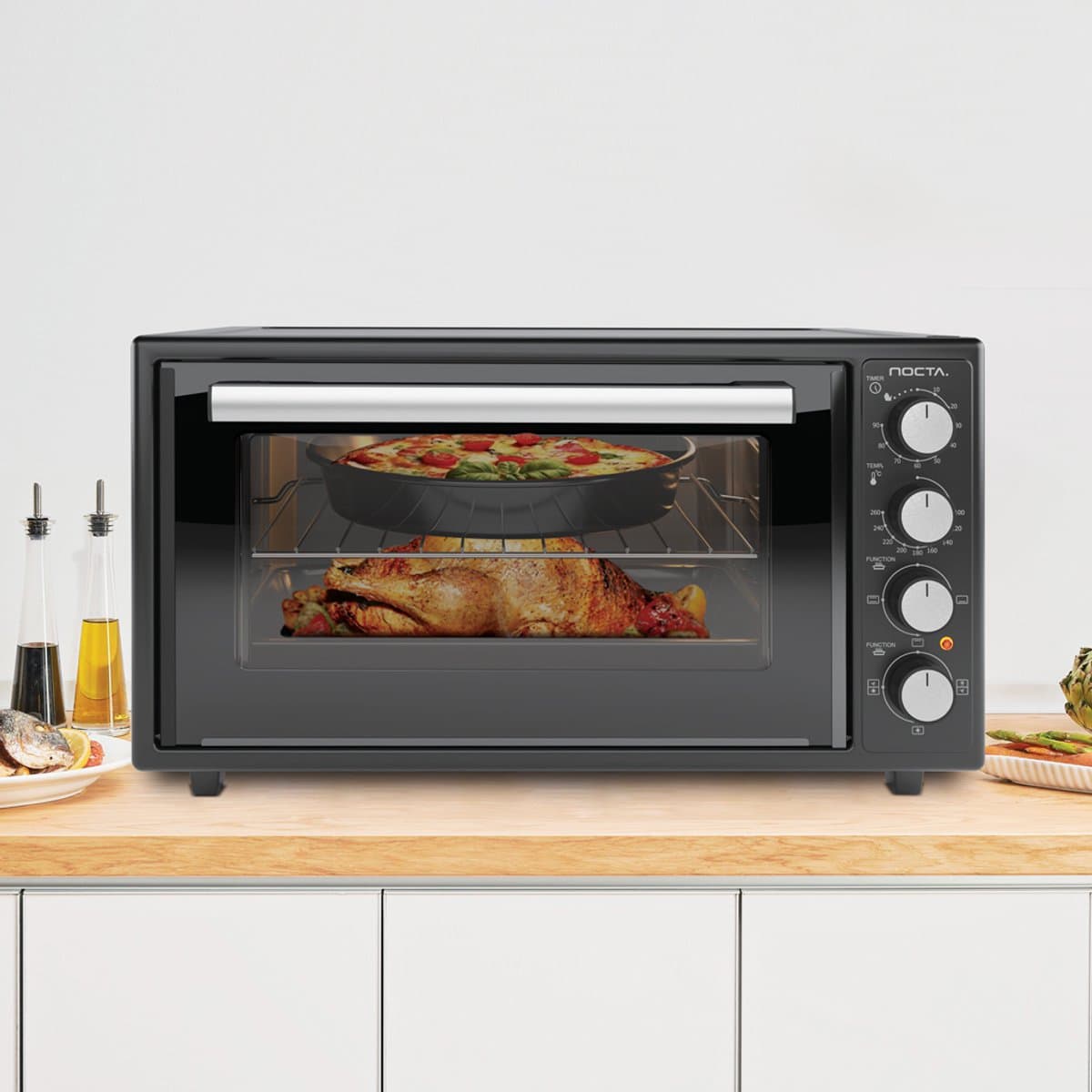 Nocta Elektrische Hetelucht Oven 50L – Vrijstaande Oven Zwart 2000W – Turbo Fan, Grill, Timer, Verlichting en Ontdooifunctie
