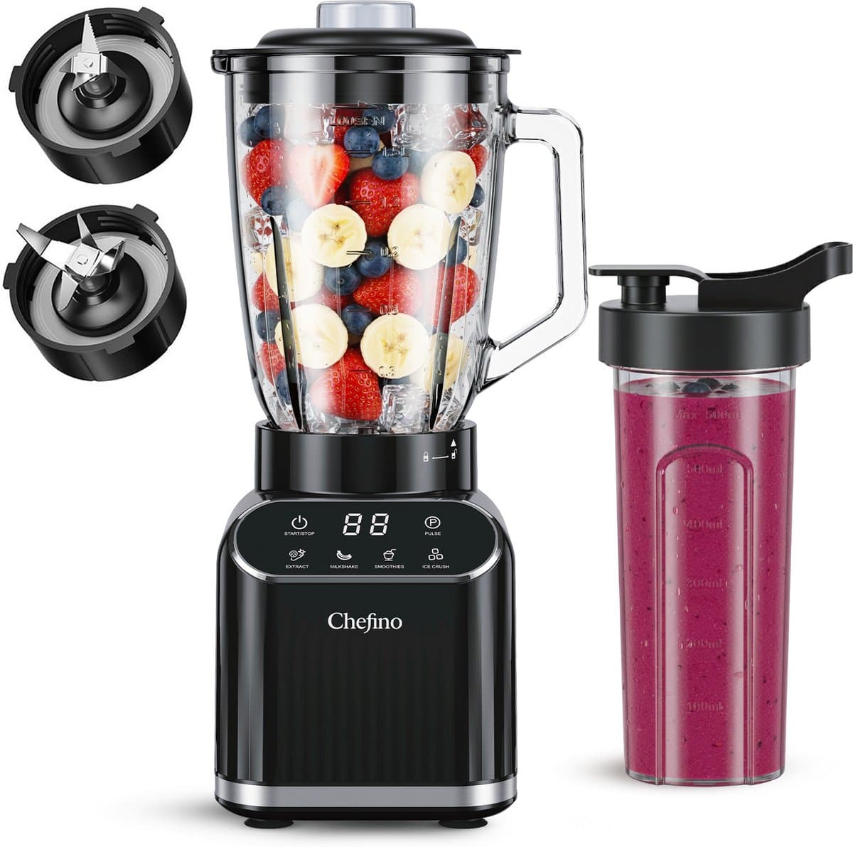 Chefino Blender 1400W – Krachtige Smoothie Blender met Glazen Kan 1,5L – Inclusief 700 ml To-Go Beker – 6-Blads & 4-Blads Mes – IJscrusher – Zelfreinigend – Keukenblender voor Smoothies & Shakes