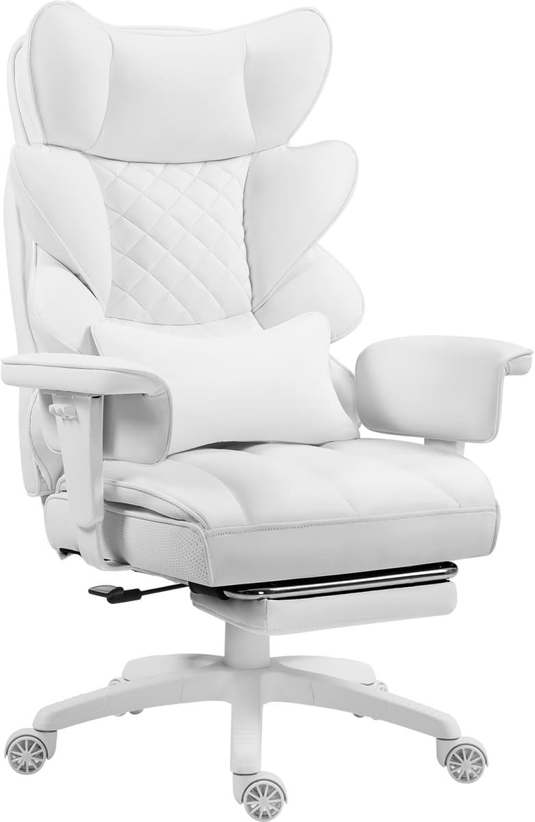 Dowinx Gamingstoel - Ergonomische Bureaustoel - Pocketvering Zitkussen - Dubbele Zachte Rugleuning - Verstelbaar Lendenkussen - Armleuningen - Voetsteun - PU - Wit