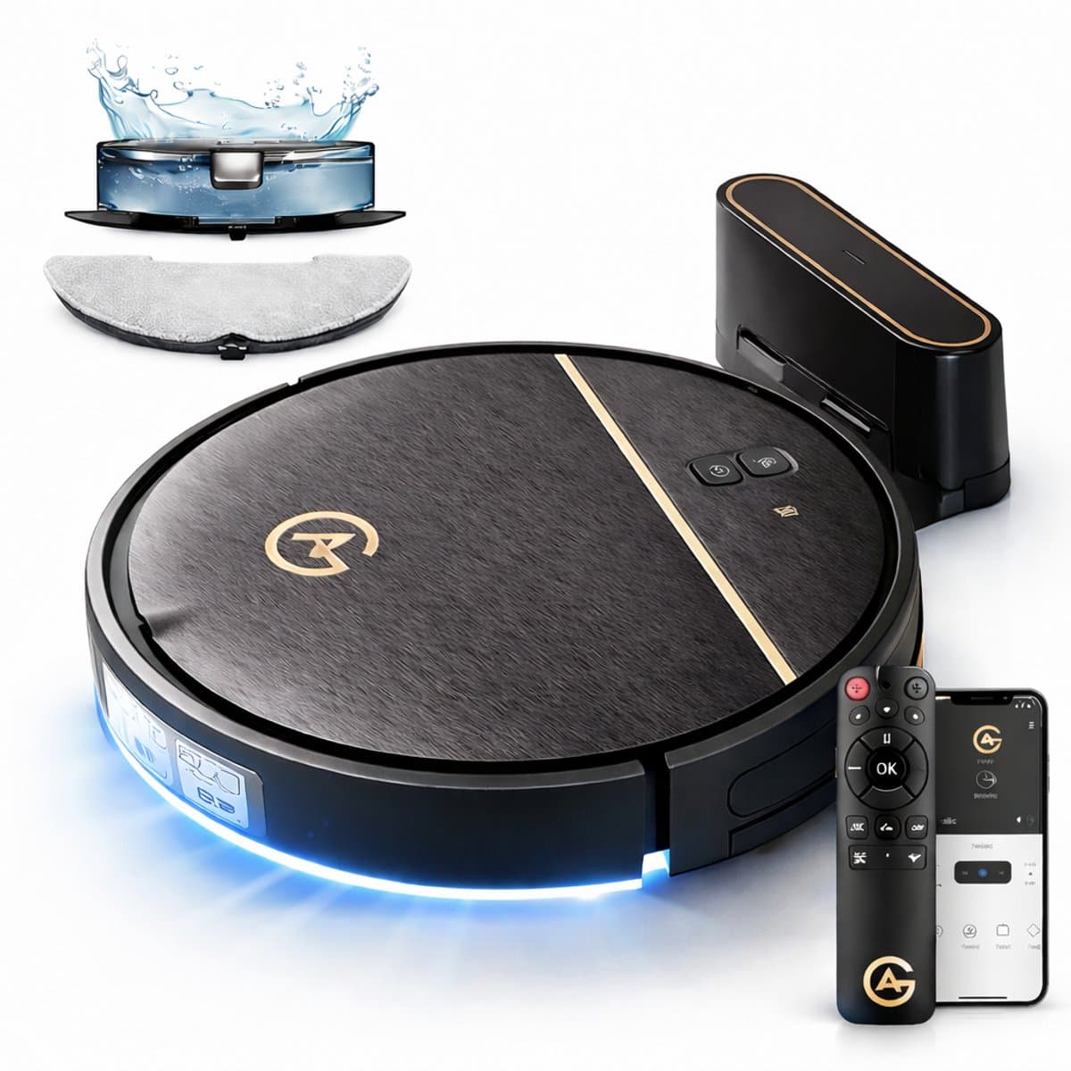 AG Robotstofzuiger met Dweilfunctie – 4500 Pa Zuigkracht – 120 minuten – Oplaadstation – App & Afstandsbediening – Ideaal voor Huisdierhaar, Harde Vloeren en Tapijt – Luxe 2-in-1 Dweilrobot – Gold Stripe Design – 2500 mAh - Black Gold Edition