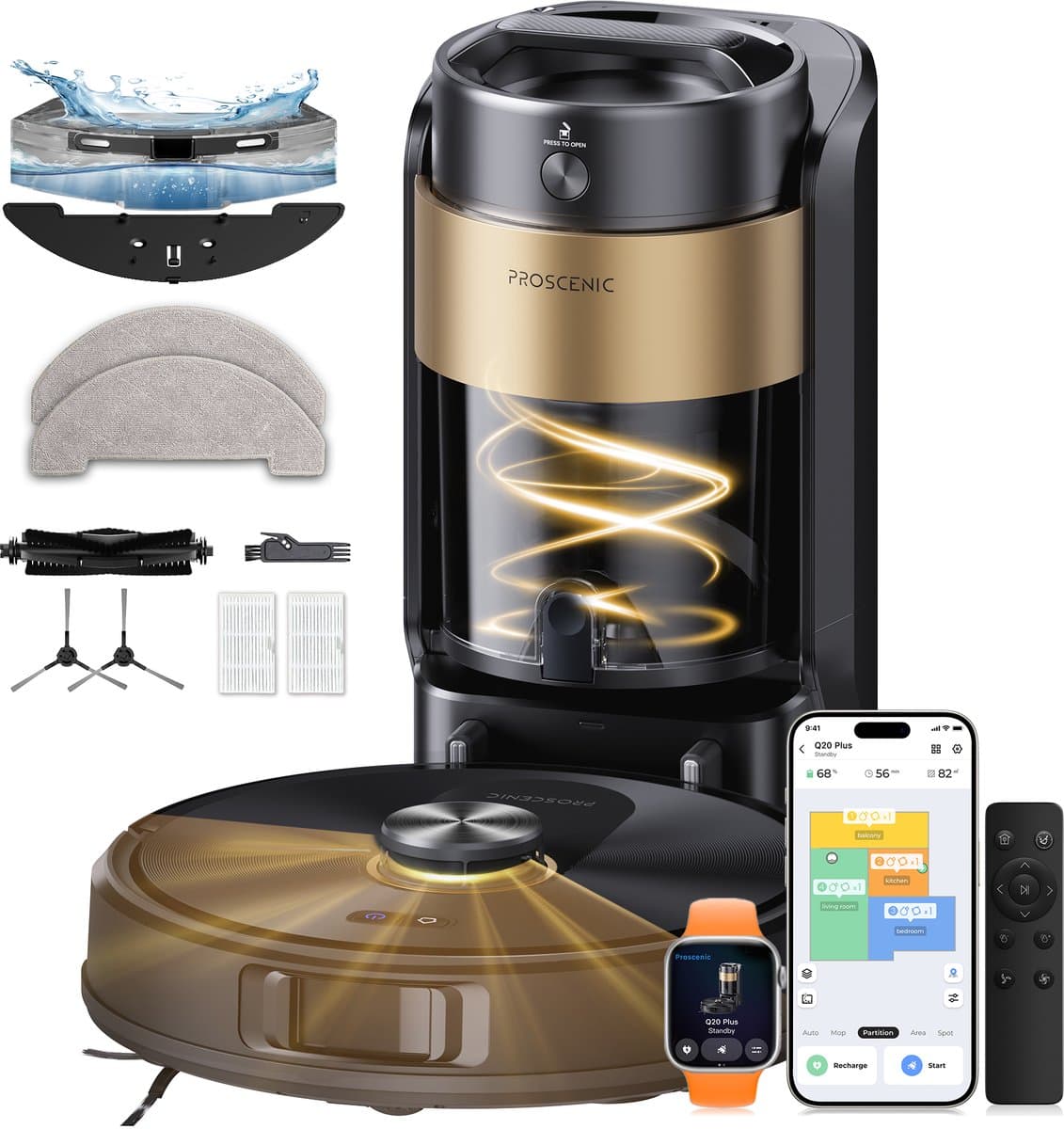 Proscenic QQ20 Plus - Robotstofzuiger met Dweilfunctie - Robotstofzuiger met Reinigingsstation - 12000 Pa Zuigkracht