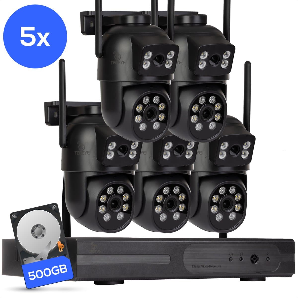 Teceye Dual Camera Beveiliging Set met 5x Wifi IP Camera - Camera Beveiliging Buiten Draadloos, Wifi Beveiligingscamera Set Buiten - Beveiligingscamera - Beveiligingscamera buiten - Beveiligingscamera Draadloos buiten - CCTV Camerasysteem