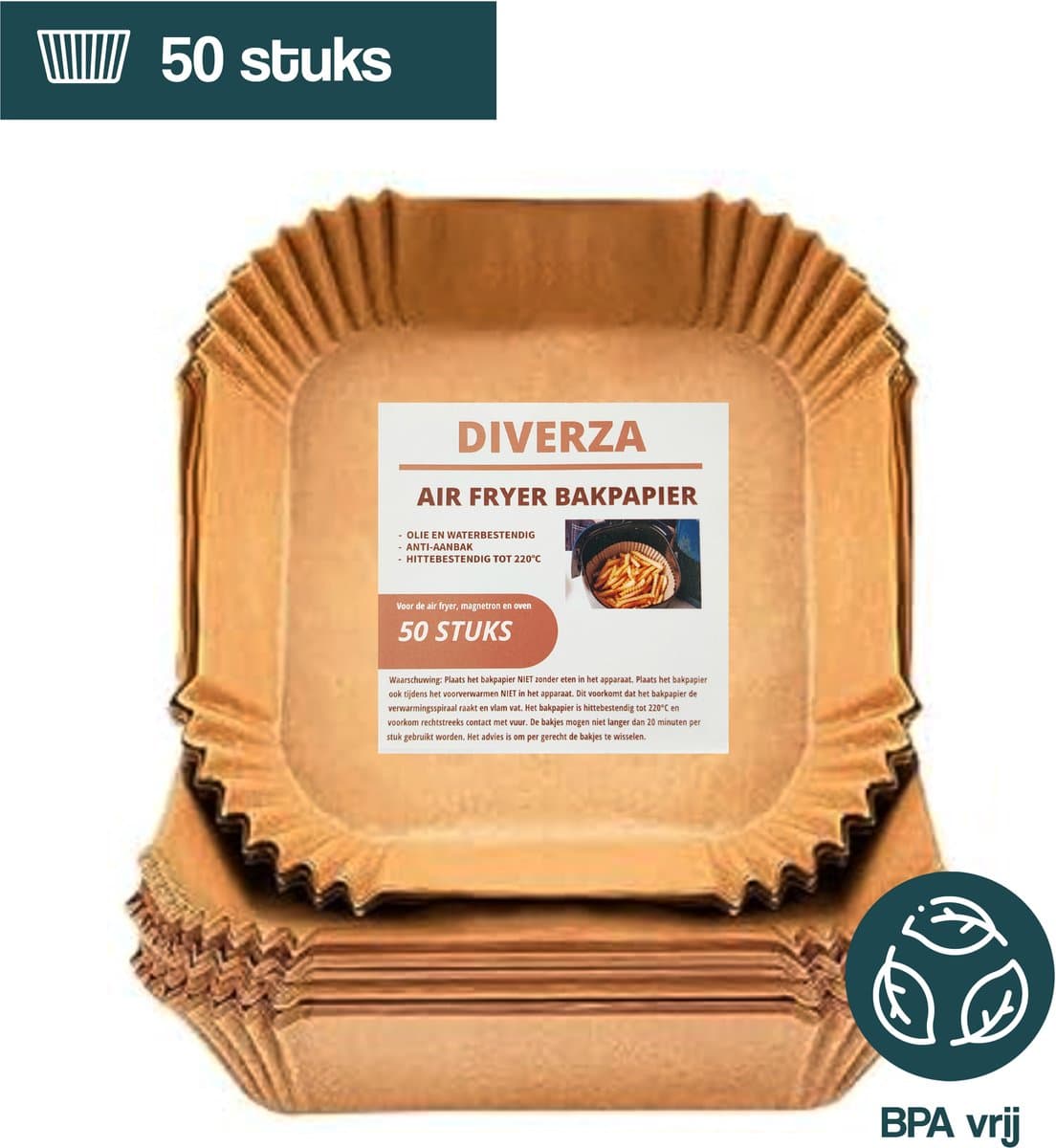 DIVERZA Airfryer bakpapier 50 stuks – 20 cm – Heteluchtfriteuse Wegwerpbakjes – Geschikt voor Airfryer – Wegwerppapier – Vierkant – Airfryer accessoires