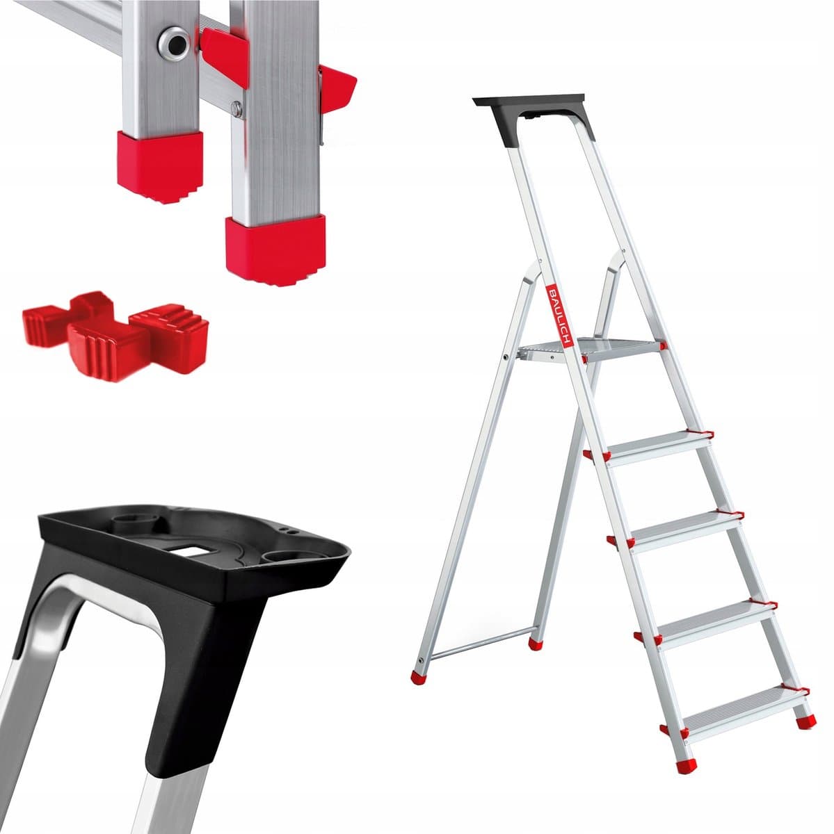 Baulich Huishoudtrap Aluminium - 5 treden met plateau - Opvouwbare vouwladder met antislip treden - Draagvermogen 125 kg - Werkhoogte 297 cm - Stabiele geprofileerde voeten