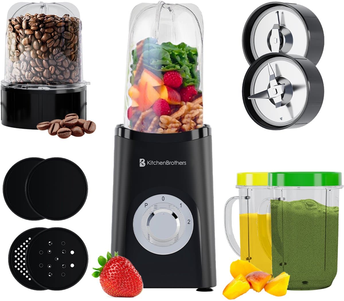 KitchenBrothers Smoothie Blender - 2-in-1 - Blender to Go - 4 Bekers - Smoothie Maker To Go - Mini Blender - Zwart