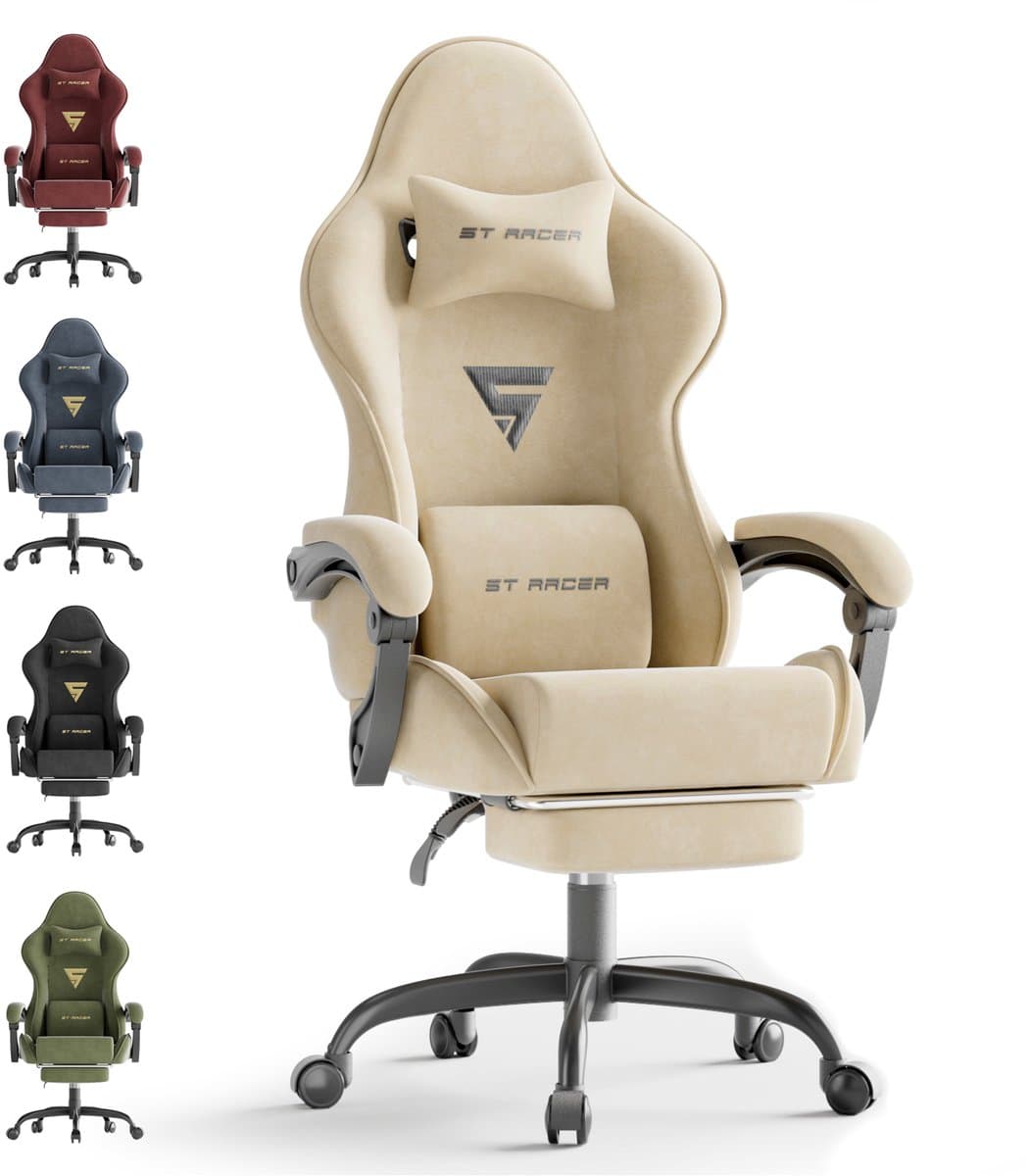 Soontrans Ergonomische Gamingstoel Met Hoofdsteun en Voetsteun Gaming Stoel Van Stof, Gamerstoel Hoogwaardige PC - Stoel Verstelbare Gaming Chair Comfortabele Gamestoel Van Stof, Ideaal Voor Gamen op Kantoor, Rijst