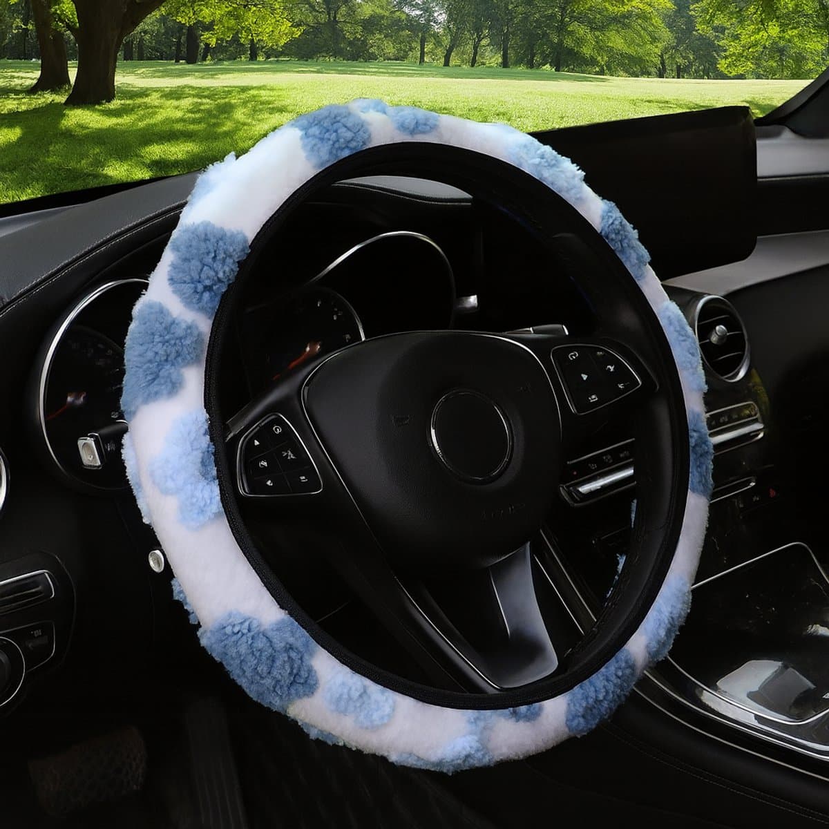 Stuurhoes Auto Universeel - Blauw Bloemen Design - Warm & Zacht