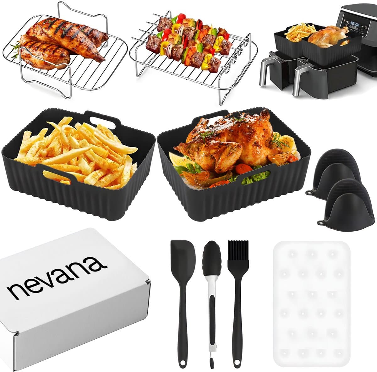 Nevana Airfryer Accessoires - Pizza pan - Spiesrek - Rooster - Heteluchtfriteuse Accessoires Set - Geschikt voor alle Airfryers XL en XXL - Rechthoekvorm