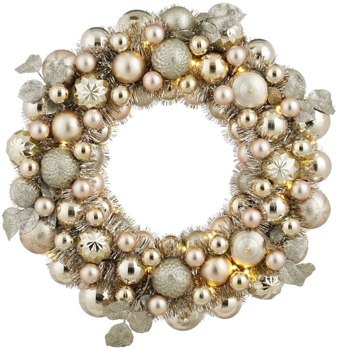 Mica Decorations Kerstkrans met Verlichting - Deurkrans H8,5 x Ø47 cm - Kerst Krans met Timer en Kerstballen - Multifunctionele Kerstversiering - Champagne