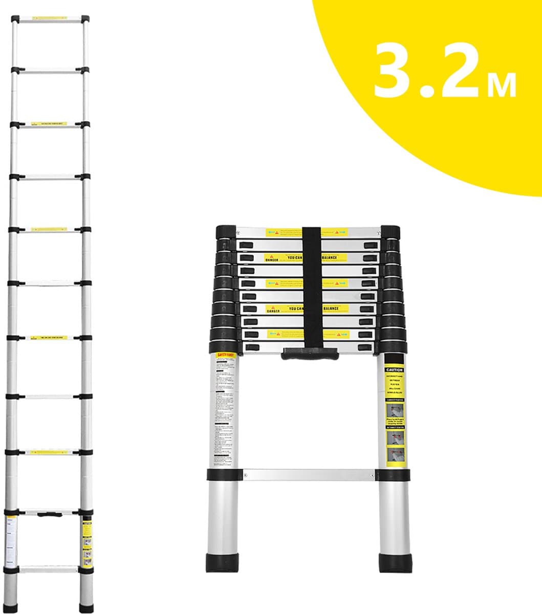 Telescopische Ladder - Telescoopladder - 3,2 m zilver, Max. Belasting 150 kg, Compact en Draagbaar met Soft Closing Systeem, Geschikt voor Particulier en Professioneel Gebruik, Telescopische Vouwladder