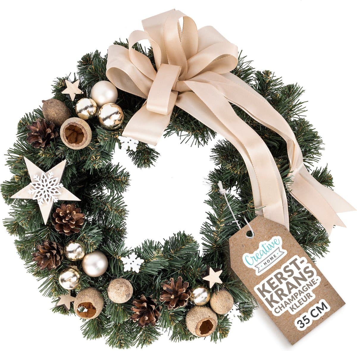Creative Home Kerstkrans Kunstmatige Adventskrans Champagne Kleur | Ronde Kerstkrans ∅35cm | Kerstkrans voor Deur, Open haard | Kerstdecoraties Binnen Buiten